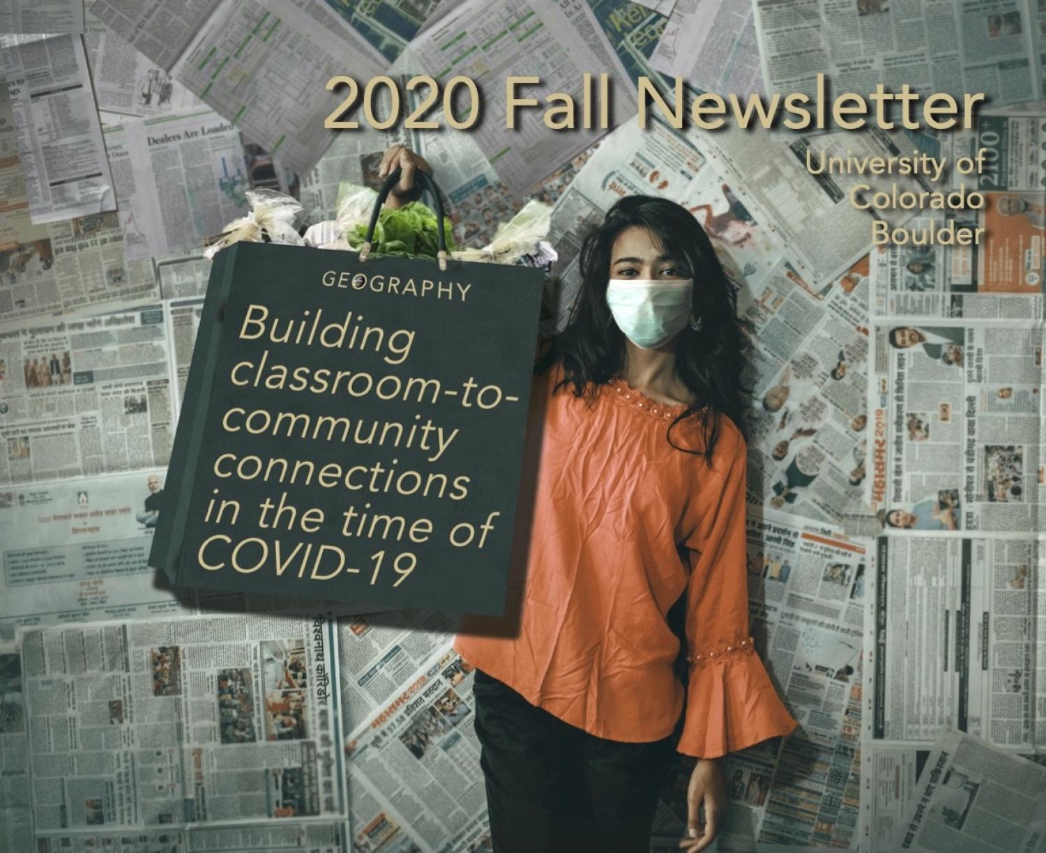 Mask-wearing woman holding a shopping bag with food is standing in front of wall of newspapers. The bag's label reads "Building classroom-community connections in the time of COVID-19"