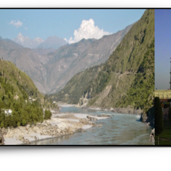 Photo collage of S Asia: mountains, river, Taj Mahal, city traffic