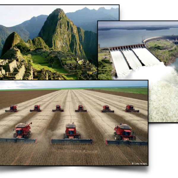 Collage of tractors in the field, Machu Pechu, a dam, Rio de Janero