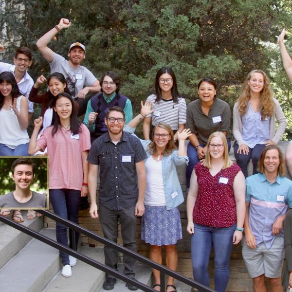 Fall 2017 Graduate Students Group Photo - Back Row: Diego Melo, Isaac Bukoski Middle Row: Amy DeCastro, Gina Li, Francis Naylor, Kehan Yang, Richa Shakya, Victoria Scholl, Mollie Buckland Front Row: Patrick Rody, Xueqian Wang, John (Ridge) Zachary, Molly Graber, Emma Hines, Will Wicherski, Sarah Posner. Inset: Noah Hoffman