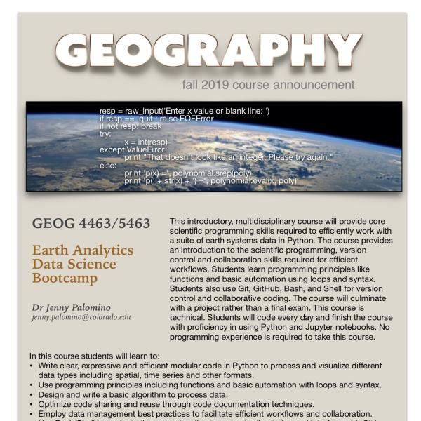 GEOG 4463-5463 Course Announcement for Fall 2019