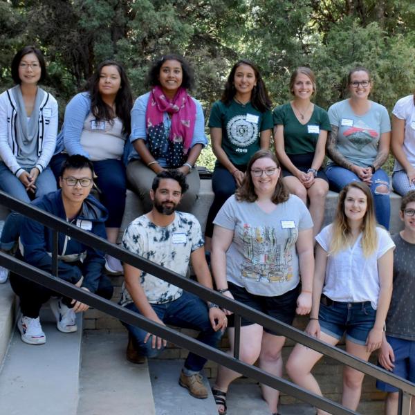 Fall 2019 Graduate Students Group Photo - Back Row: Ben Barron, Brenda Chen, Shelby Ross, Prakriti Mukerjee, Kripa Dongol, Hallie Adams, Holly Roth, Luca Anna Palasti. Front Row: Bangxing Liang, Juan Ramirez, Kate Carlson, Molly Guiney, Jed Lenetsky, Max Cook