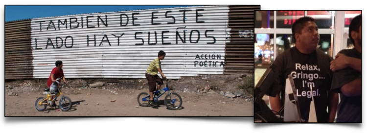 Latino kids on bicycles riding by spanish graffiti