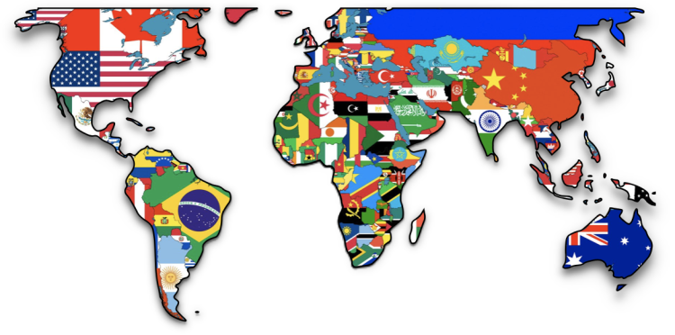 Graphic map of the world with each country's flag