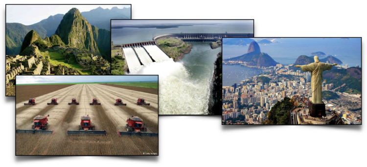 Collage of tractors in the field, Machu Pechu, a dam, Rio de Janero