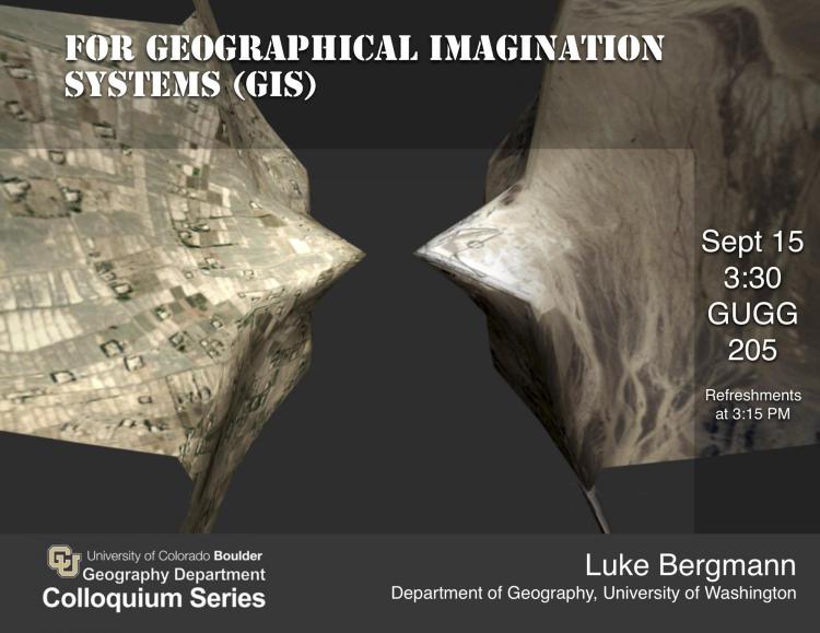 Colloquium poster with title, date, time, location, and graphic art made with maps