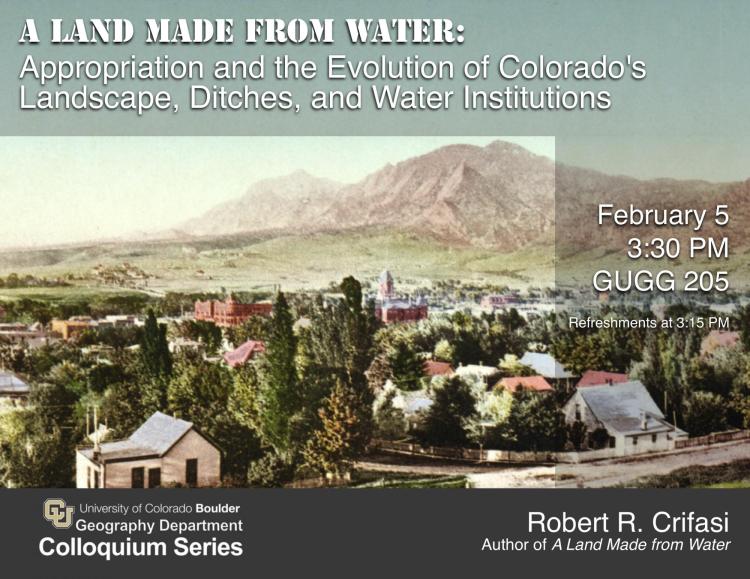 Colloquium poster with title, date, time, location, and old photo of Boulder landscape