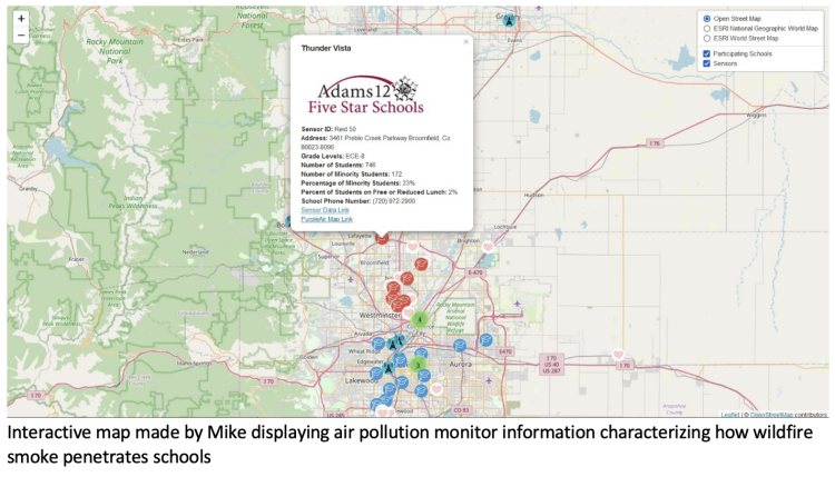 Interactive map made by Mike displaying air pollution monitor information characterizing how wildfire smoke penetrates schools 
