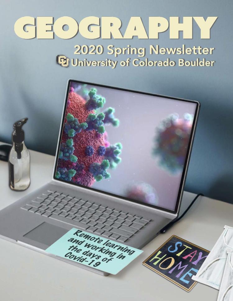 2020 Spring Newsletter cover of laptop with photo of coronavirus