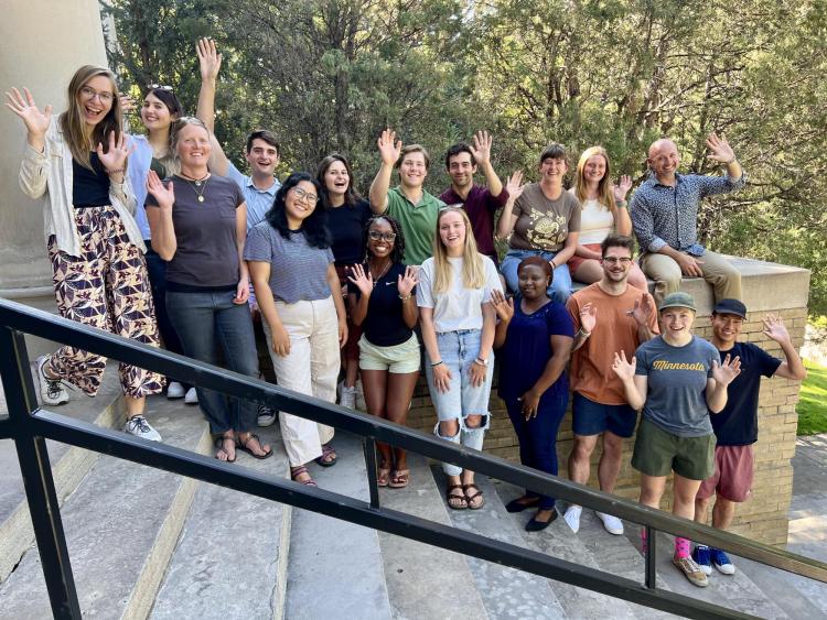 Fall 2023 Graduate Student Group Photo - Back Row: Sepedieh Jalayer, Alek Berg, Sara Flemming, Chris Picard, Theo Kuhn, Kate Little, Michela Savignano, John Dzwonczyk. Front Row: Annika Hirmke, Jennifer Morse, Tenzin Yangkey, Zaria Cast, Mallory Sagehorn, Rahila Yilangai, Chris McNabb, Josie Welsh, and Zhou Yu