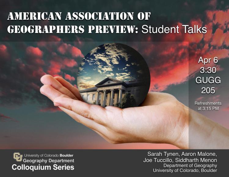 Colloquium poster with title, date, and generic photo of hand holding the department logo