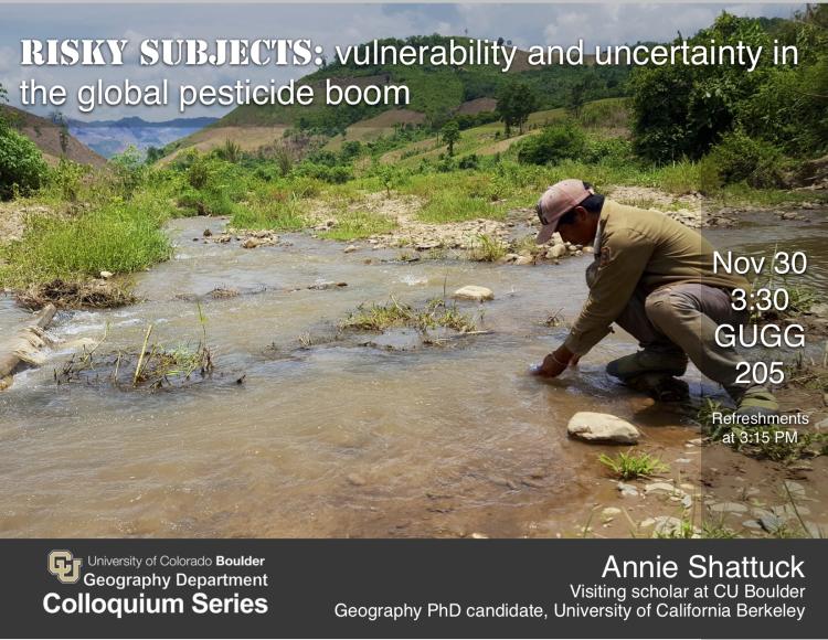 Colloquium poster with title, date, and photo of man stooping in a stream