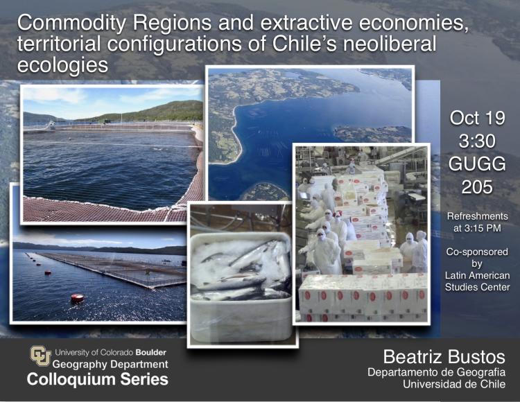 Poster of event with photos of fish, aerial shot of peninsula, and fish farming