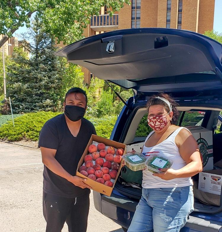 Man and woman holding boxes of fruit behind a car with it's trunk open