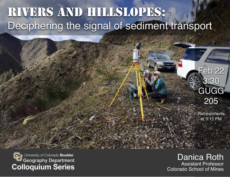 Colloquium poster with title, date, and photo of people on mountain with survey equipment