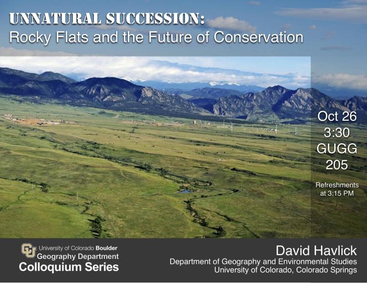 Colloquium Post with Aerial shot of Rocky Flats with mountain backdrop