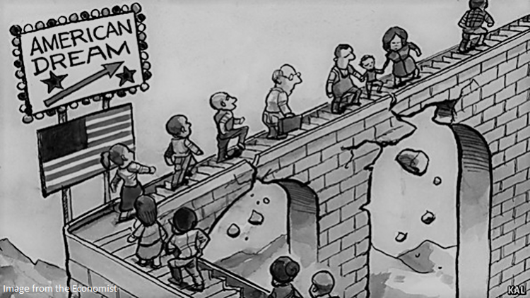 cartoon of people crossing a crumbling bridge labeled "American Dream"