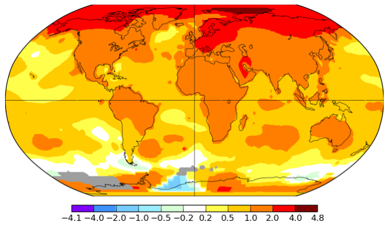 This map shows the average change in degrees Celsius from 1960 to 2019.