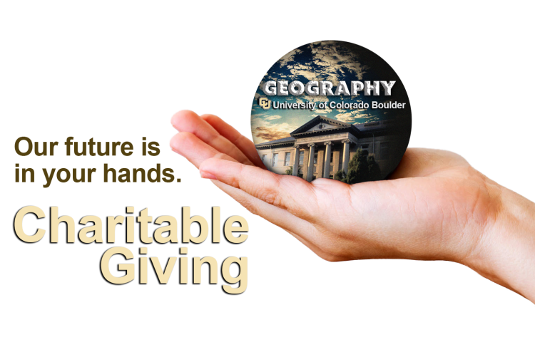 A hand holding the GEOG logo with the words "Our future is in your hands" and "Charitable Giving"