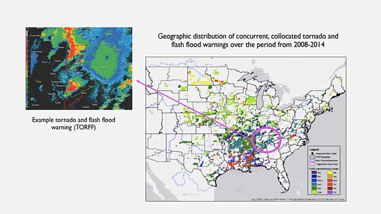 Map of geographical distribution of tornado and flash flood warnings