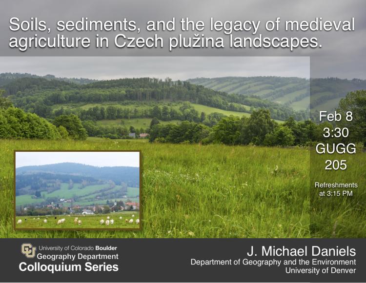 Colloquium poster with title, date, and photo of Czech country landscapes