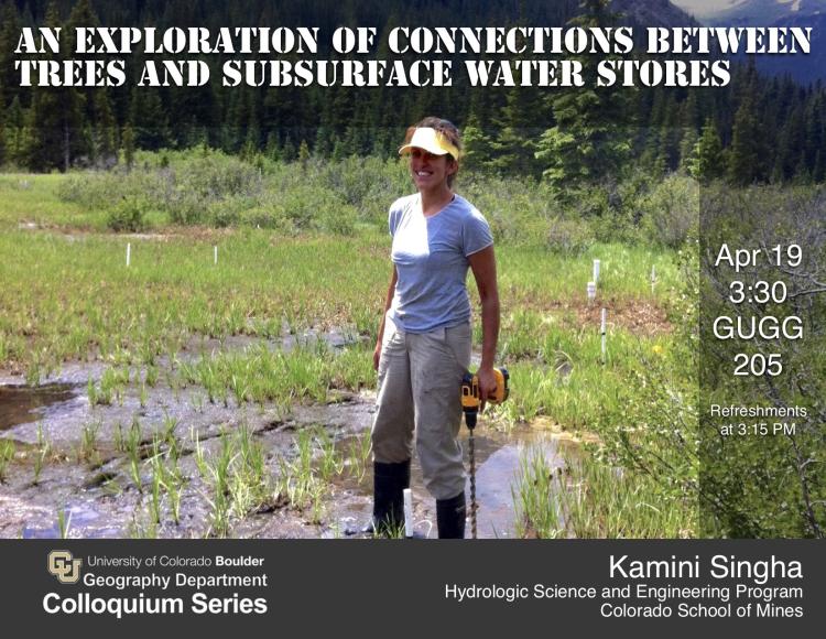 Colloquium poster with Woman standing in mountain puddle with drill and mountain backdrop