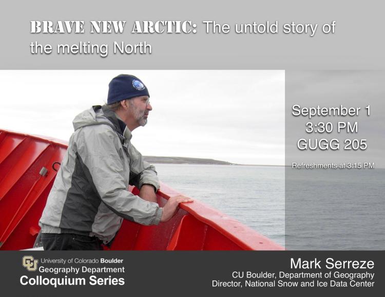 Colloquium poster with title, date, time, location, and man looking out from boat