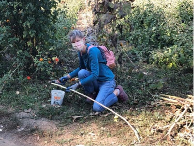 Woman with pink backpack kneeling in vegetated area