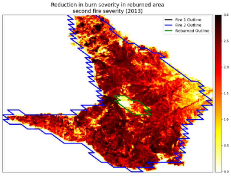Map of Reduction in burn severity in reburned area second fire severity