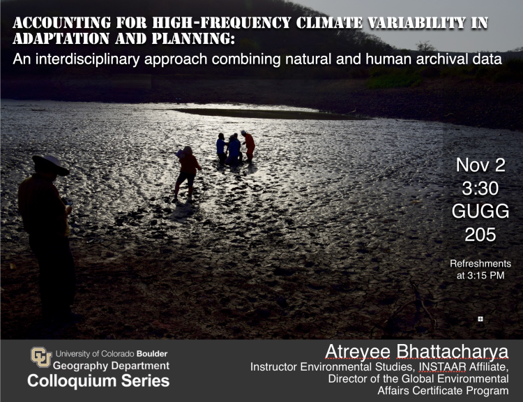 Colloquium poster with title, date, and photo of people working in the mud