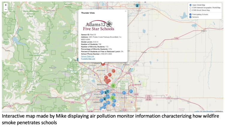 Interactive map made by Mike displaying air pollution monitor information characterizing how wildfire smoke penetrates schools