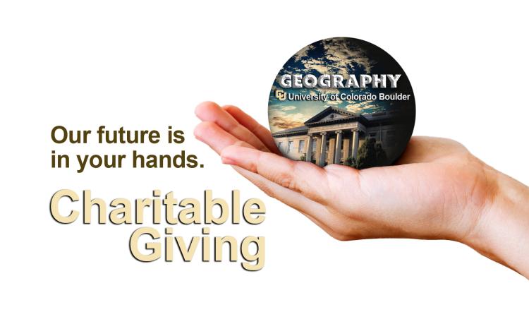 A hand holding the GEOG logo with the words "Our future is in your hands" and "Charitable Giving"