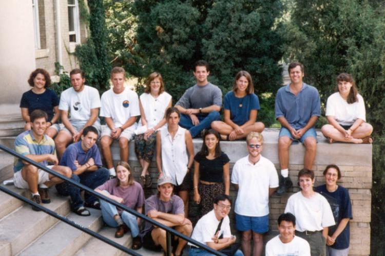 Fall 1996 Graduate Students Group Photo - Back Row: Sherrill Mindia Brown, Michael Rock, Gabe Preston, Donna Rubinoff, Michael Solem, Hillary Hamann, William Jeffery Weber, Tina Gayon Middle Row: Jeffrey Cole, Ciaran Hurst, Kerstin Switala (standing), Leigh Miller (standing), Andrew Smith (standing), Alice Wondrak (standing), Sara Fabrikant (standing) Front Row: Melanie Peterson, Eran Hood, Ming Hsiang Tsou, Stephen Huh