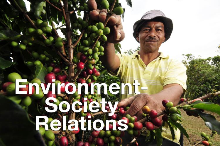 "Environmental-Society Relations" overlaid on photo of smiling man picking coffee beans off trees