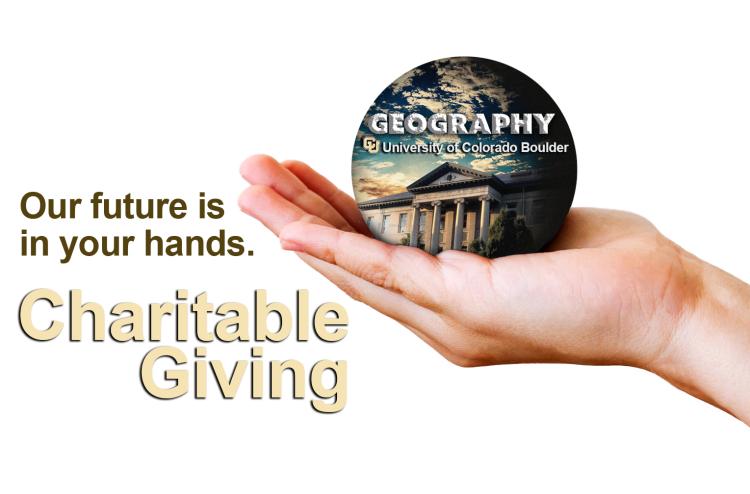 A hand holding the GEOG logo with the words "Our future is in your hands" and "Charitable Giving"