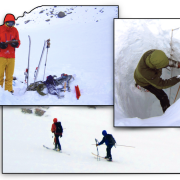 Collage of students doing research in the snow-covered mountains