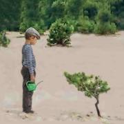 boy with watering can in front of small tree