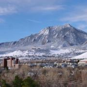 Aerial view of CU Boulder campus with snow