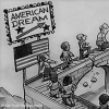 cartoon of people crossing a crumbling bridge labeled "American Dream"