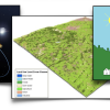 Photo collage of Earth with satellite, 3D map, graphic of planes and satellites remote sensing the landscape