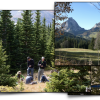 Collage of students doing research and mountain terrain in summer and winter