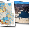 Collage of water map with water usage statistics, water dam