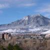 Aerial view of CU Boulder campus with snow