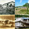 4 photos showing similar past and present for housing and people on houseboats