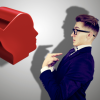 Red whistle looking at a man in a suit
