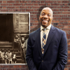Man standing in front of brick wall next to photo of ghetto