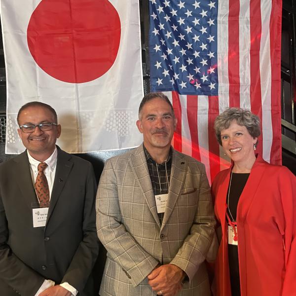 Dean Vijay Khatri of the Leeds School of Business, Chancellor Justin Schwartz, and Exective Director of the Center for Asian Studies Danielle Rocheleau Salaz at the Japan America Society of Colorado annual gala.