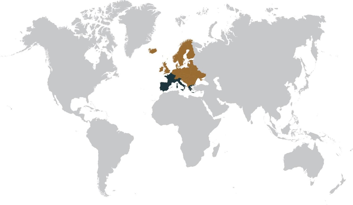 World map with Europe and Spain, Portugal, France, Italy and Greece highlighted
