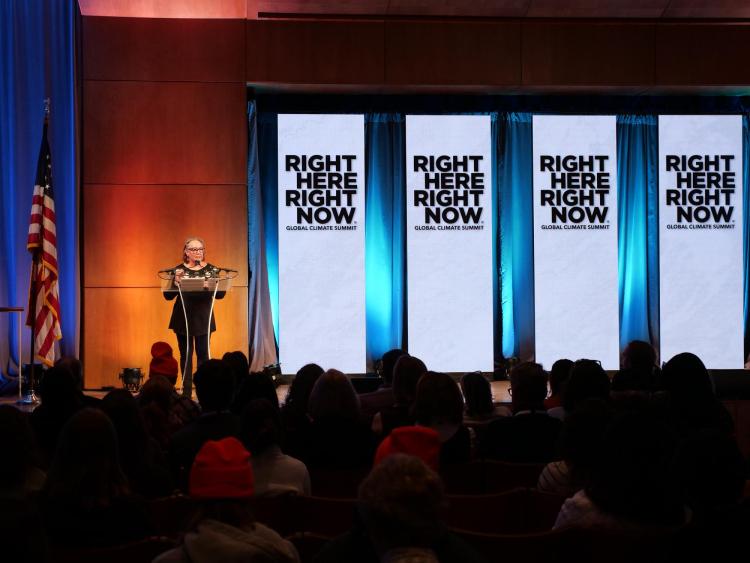 Sheila Watt-Cloutier gives her keynote address at the Right Here, Right Now Global Climate Summit.