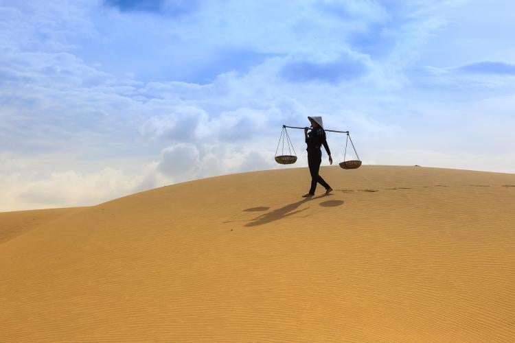 Person carrying water across desert
